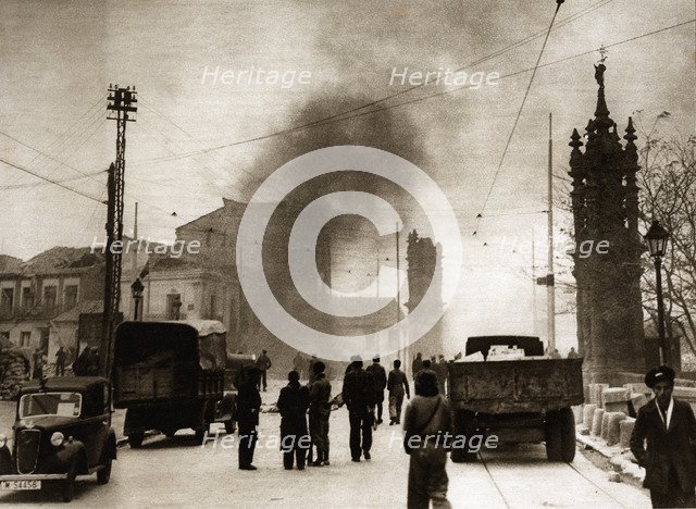 Spanish Civil War 1936-39. Siege of Madrid, houses burned by an air raid near the bridge of Toled…