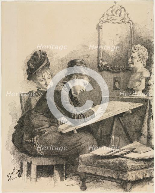 Two Women Sketching a Sculpture, 1878. Creator: Gabriel von Hackl (German, 1843-1926).