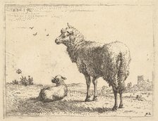 A mature sheep in three-quarters view standing and looking left, beside it a lamb lies..., ca. 1655. Creator: Karel Du Jardin.