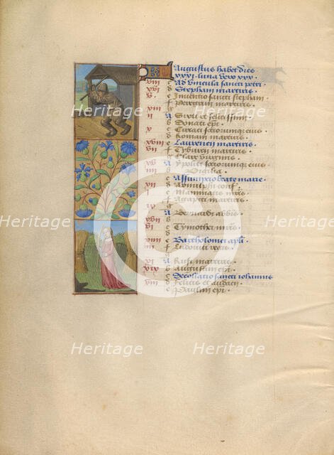 August Calendar Page; Threshing; Virgo; Katherine Hours, about 1480-1485. Creator: Unknown.