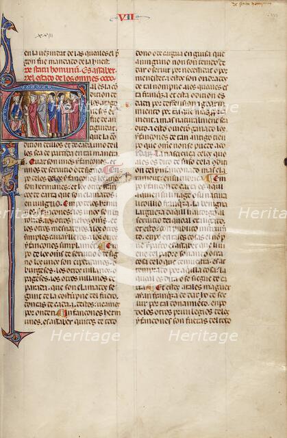 Initial T: Clerics, Nobles, and Peasants Standing before a King; Vidal Mayor, about 1290-1310. Creator: Unknown.