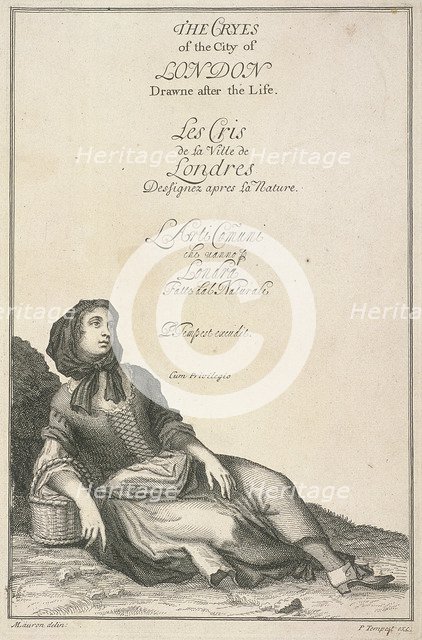 Reclining woman with a basket, Cries of London, (c1688?). Artist: Pierce Tempest
