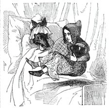 Little Red Riding Hood and the wolf disguised as her grandmother, 1842. Creator: Unknown.