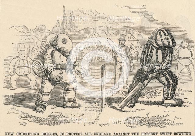 'New Cricketing Dresses, To Protect All England Against The Present Swift Bowling', 1854. Creator: Unknown.