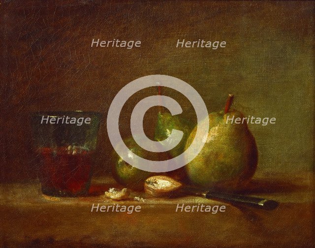 Pears, Walnuts and Glass of Wine. Artist: Chardin, Jean-Baptiste Siméon (1699-1779)