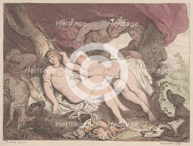 Diana and Her Nymphs Spied on by Satyrs, 1790-1799., 1790-1799. Creator: Thomas Rowlandson.
