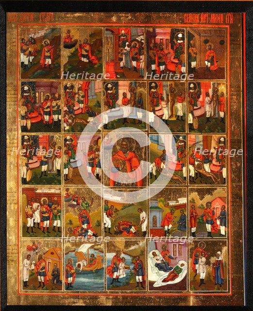 Saint Menas with Scenes from His Life, Mid of the 19th cen.. Artist: Russian icon  