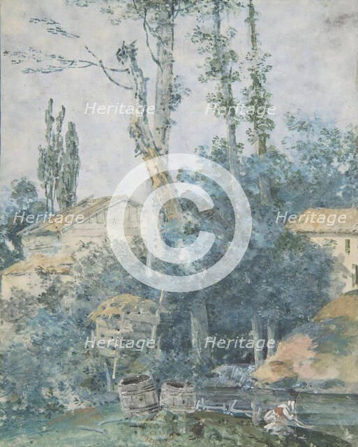 Rustic Scene - A Woman Washing Clothes in a Stream, 18th century. Creator: Anon.