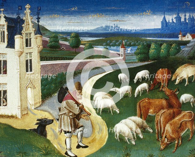 Shepherd leading his flock, miniature, Conde Museum, Chateau of Chantilly, France, 15th cent (1992). Creator: Unknown.