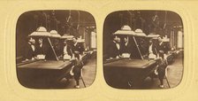 Men playing billards, one little boy holding a cue stick, about 1868. Creator: E Lamy.