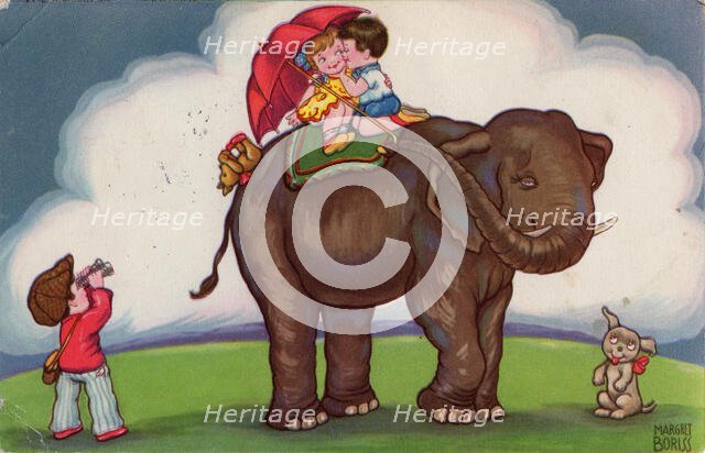 Children riding on an elephant, 1932. Creator: Margret Boriss.