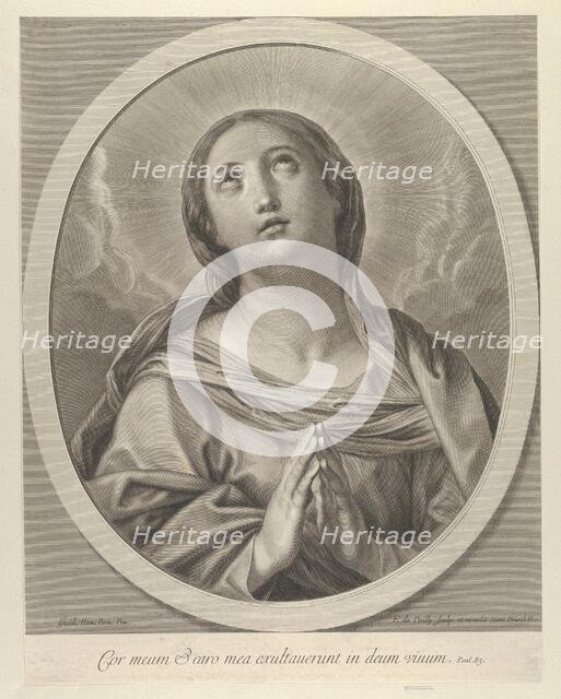 The Virgin in prayer, looking up with clouds behind her, in an oval frame, after Reni, ..., 1648-81. Creator: François de Poilly.