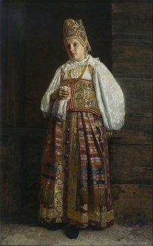 Woman from Kursk in traditional Russian clothing, 1871. Artist: Sedov, Grigori Semyonovich (1836-1884)