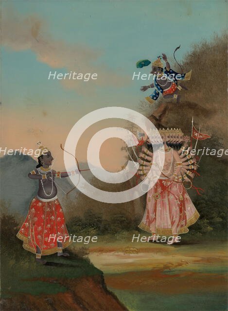 Rama (left) and Hanuman (above, right) fighting the demon Ravana (right). Creator: Unknown.