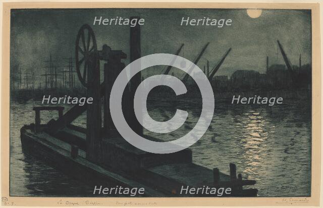 La Drague Dieppe (A Dredger in Dieppe Harbor by Moonlight), c. 1885. Creator: Henri-Charles Guerard.