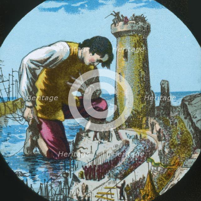 Gulliver is thanked by the emperor of Lilliput..., lantern slide, late 19th century.  Creator: Unknown.