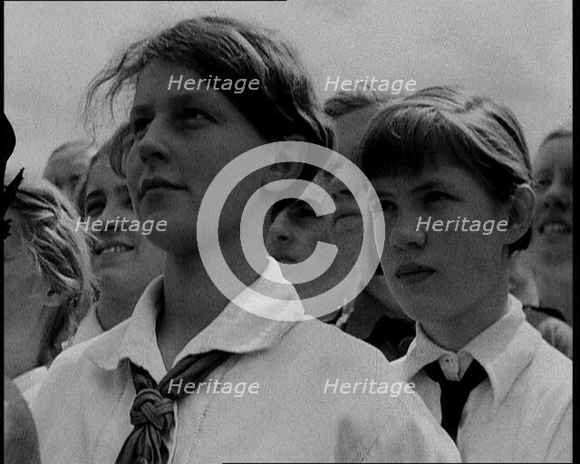 Hitler Youth Listening to a Speech, 1930s. Creator: British Pathe Ltd.