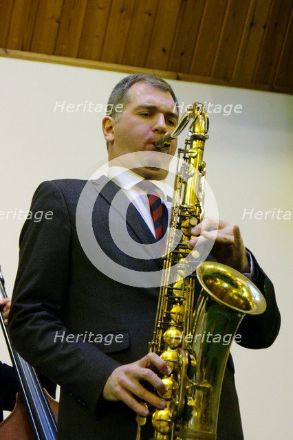 Simon Spillett, NJA fundraising gig, Loughton, Essex, February 11, 2017. Artist: Brian O'Connor.