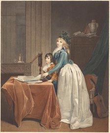 Louise Sébastienne Gély-Danton with her stepson behind a Zograscope, c1793. Creator: Boilly, Louis-Léopold, (after)  .