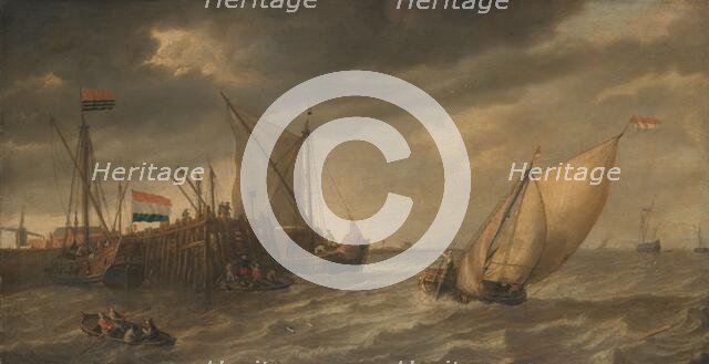 Travellers Disembarking at a Jetty on the Scheldt in Strong Winds, c.1635. Creator: Bonaventura Peeters I.