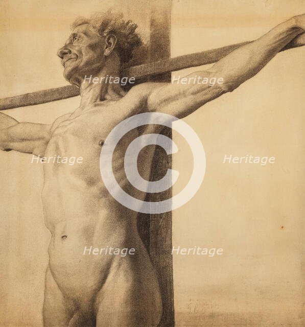 Half-length nude model with his arms extended on a cross, 1881. Creator: Theodore Clement Steele.