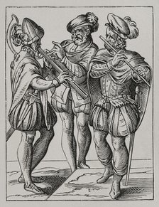 German musicians playing on the flute and goat's horn, 16th century (1877). Creator: Jost Ammon.