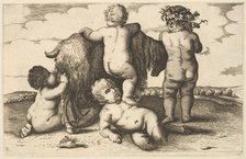 Four boys, a young satyr and a goat (copy), 17th century. Creator: Wenceslaus Hollar.