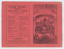 Cover for 'Coleccion de Comedias y Zarzuelitas para Niños', woman on stage flanke..., ca. 1880-1910. Creator: José Guadalupe Posada.