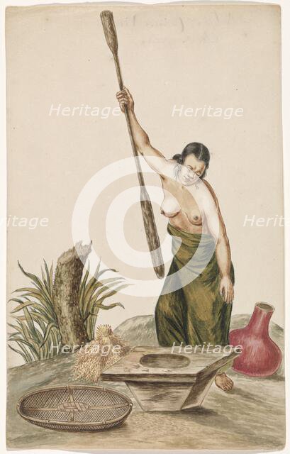 Woman pounding rice in a pestle and mortar, 1675-c.1725.  Creator: Anon.