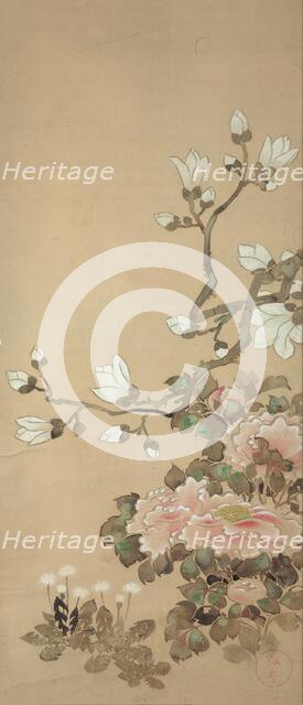Peonies, Magnolia, and Dandelions, 18th century. Creator: School of Tawaraya Sôtatsu.