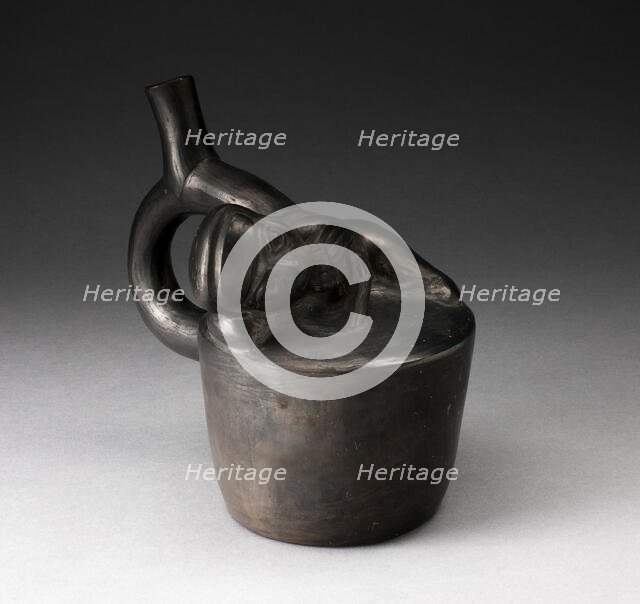 Blackware Handle Spout Vessel with Relief of a Reclining Musician with Pipes, 100 B.C./A.D. 500. Creator: Unknown.