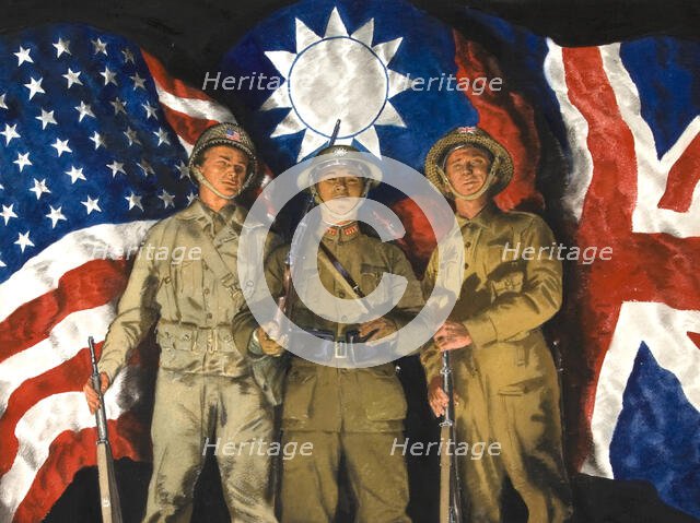 American, Chinese and British soldiers with flags of their countries, WWII poster, October 1943. Creator: Central Office of Information.