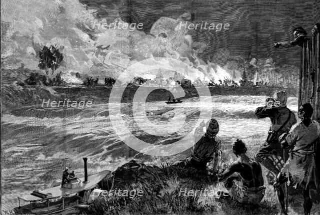 Stanley’s Emin Pasha Relief Expedition: Arabs raiding a native village on the Aruwimi..., 1890. Creator: William Heysham Overend.