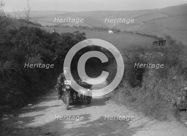 499 cc Rudge-Whitworth and sidecar of E Travers, MCC Lands End Trial, Beggars Roost, Devon, 1936. Artist: Bill Brunell.