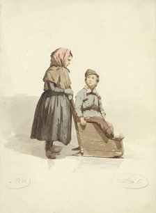 Girl pushes a boy into a sled, 1836-1915. Creator: Johannes Eugel Masurel.