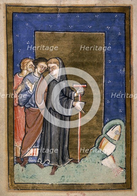 St Cuthbert shows a dolphin sliced in three and ready for cooking, 1200.  Creator: Unknown.