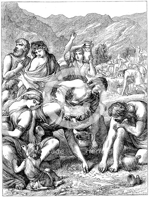 Israelites in the wilderness collecting the manna that fell from Heaven, 1869. Artist: Unknown