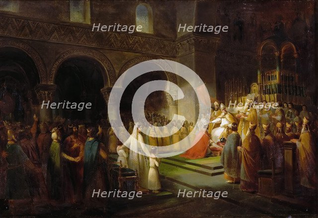 The Anointing of Pepin the Short at Saint-Denis, 28 July 754. Artist: Dubois, François (1790-1871)