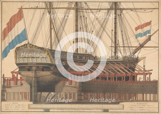 The 'Zoutman' on ship camels, 1807.  Creator: J. Vos.