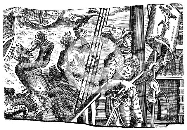 Christopher Columbus during his voyage to America, Engraving, c1500. Artist: Unknown