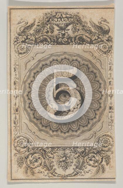 Banknote motif: the number 5 set against a scallop-edged circle of ornamental lathe..., ca. 1824-42. Creator: Durand, Perkins & Co.