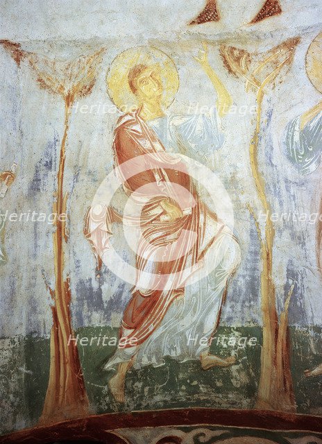 Thomas the Apostle. Fresco of the St. George's Church, Staraya Ladoga, 12th century.