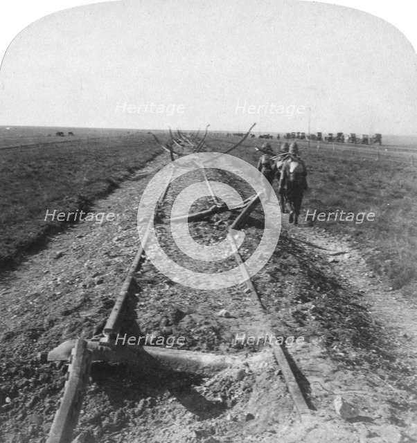 Royal Engineers repairing a railway destroyed by the Boers, Kroonstad, South Africa, 1900. Artist: Underwood & Underwood