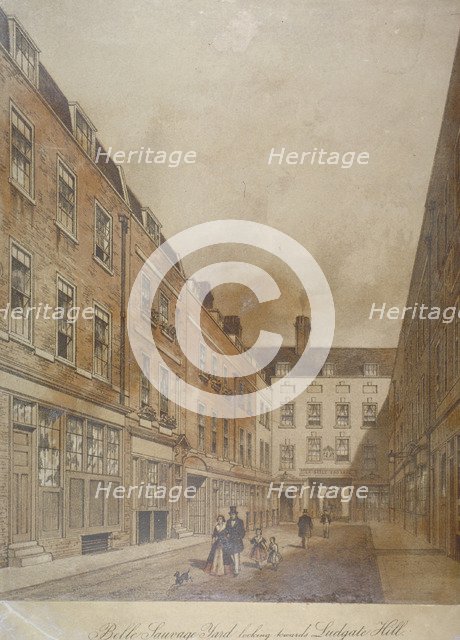 Belle Sauvage Yard, looking towards Ludgate Hill, City of London, 1845. Artist: Anon