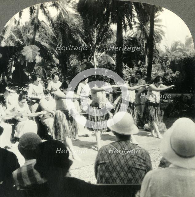 'Hawaiian Hula Girls in a Characteristic Ancient Native Dance, Territory of Hawaii', c1930s. Creator: Unknown.