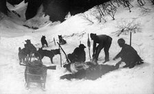 Hunters with a dead bear, 1910-1929. Creator: Ivan Emelianovich Larin.