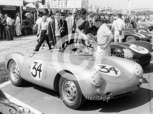 Stirling Moss with Porsche RSK, Goodwood, Sussex, 1955. Artist: Unknown