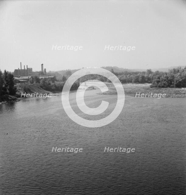 Possibly: Log rafts on the Williamette River between Salem and Independence, Oregon, 1939. Creator: Dorothea Lange.