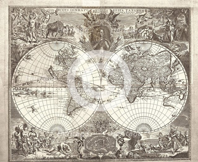 Double hemisphere map of the World, 1713. Artist: Kiprianov, Vasily Anufrievich (1669-after 1723)