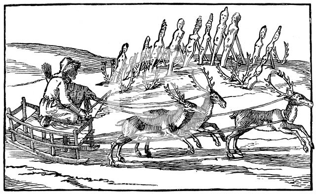 Samoyed travelling on a sleigh pulled by reindeer, late 16th-early 17th century. Artist: Unknown
